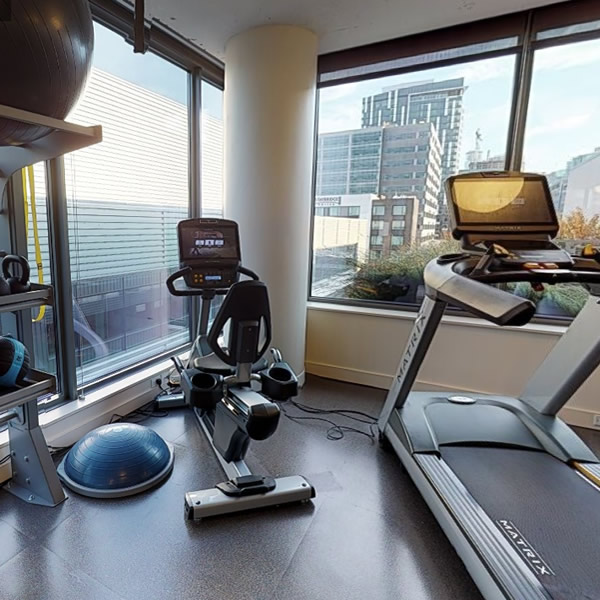 stationary bike and treadmill in front of city view