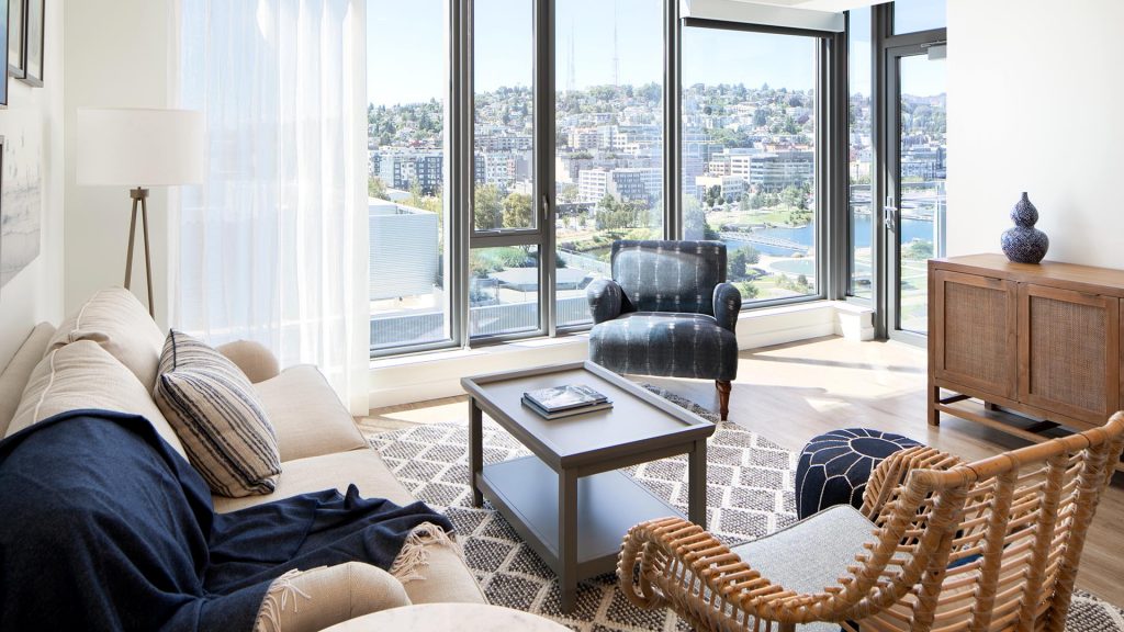 Living room with view to South Lake Union and Queen Anne Hill