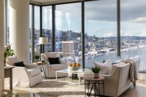 living room area with view north of lake and Queen Anne hill